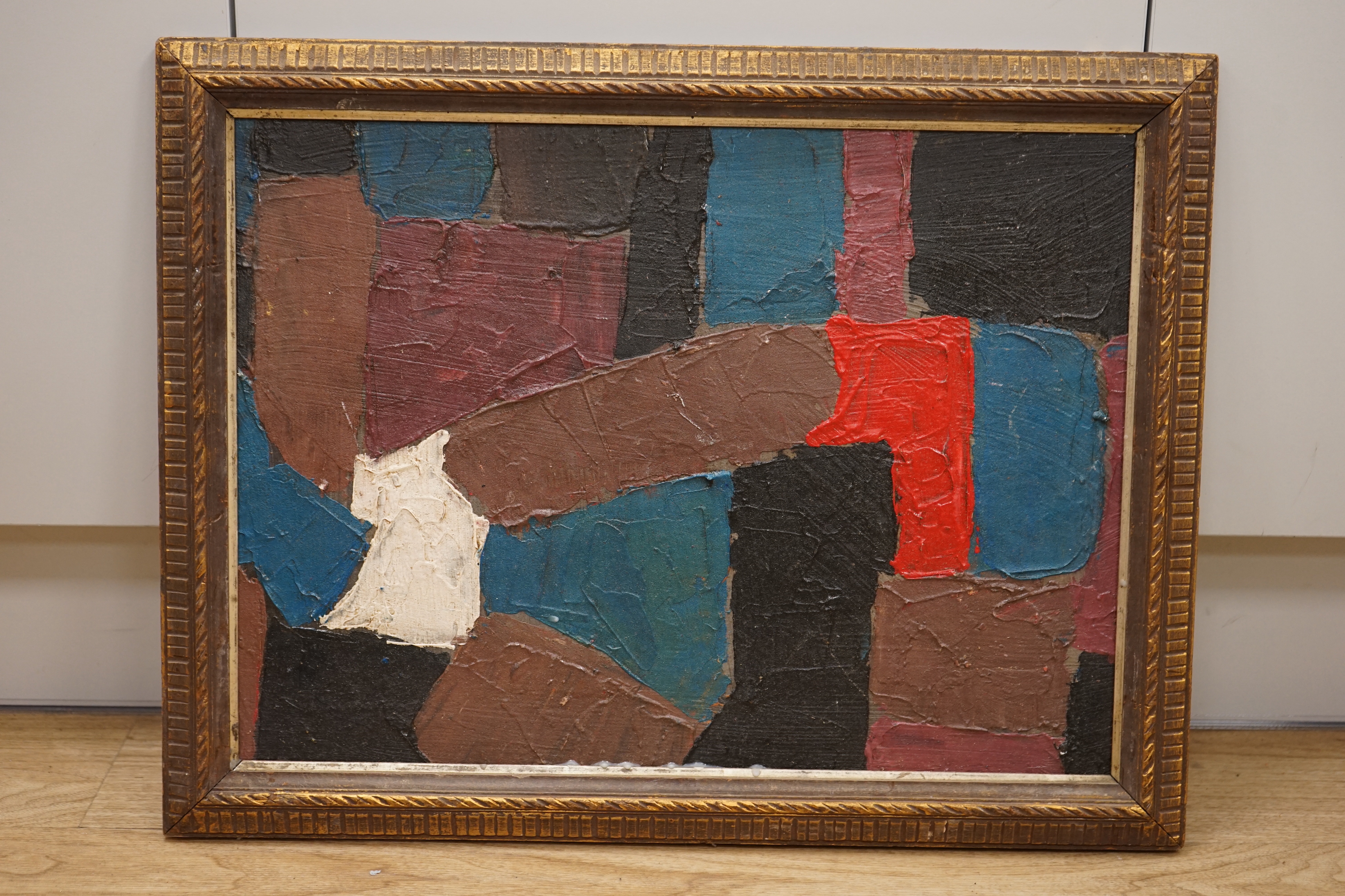 After Serge Poliakoff (Russian/French, 1900-1969), impasto oil on board, Abstract composition, geometric shapes, 36 x 49cm